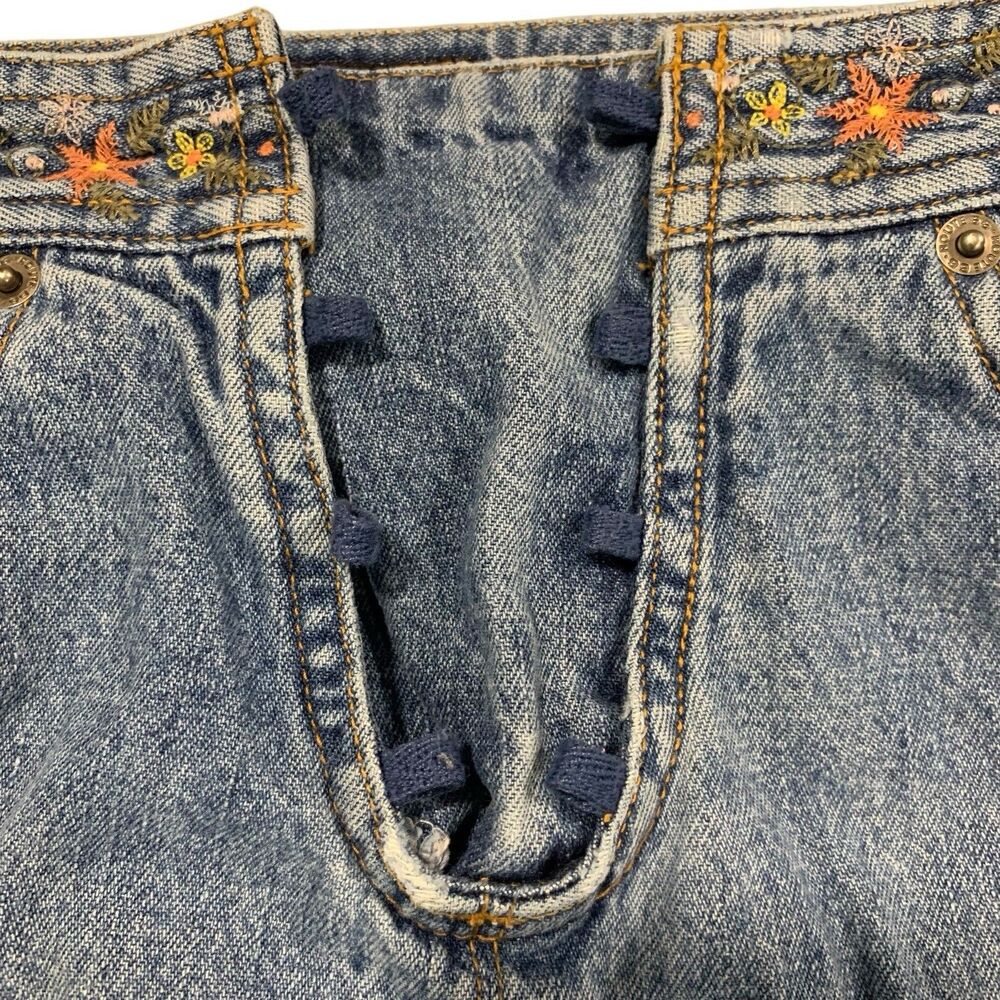 Vintage Route 66 Floral Embroidered Trim Denim Midi Skirt 6 Y2K Boho Festival - Picture 4 of 7